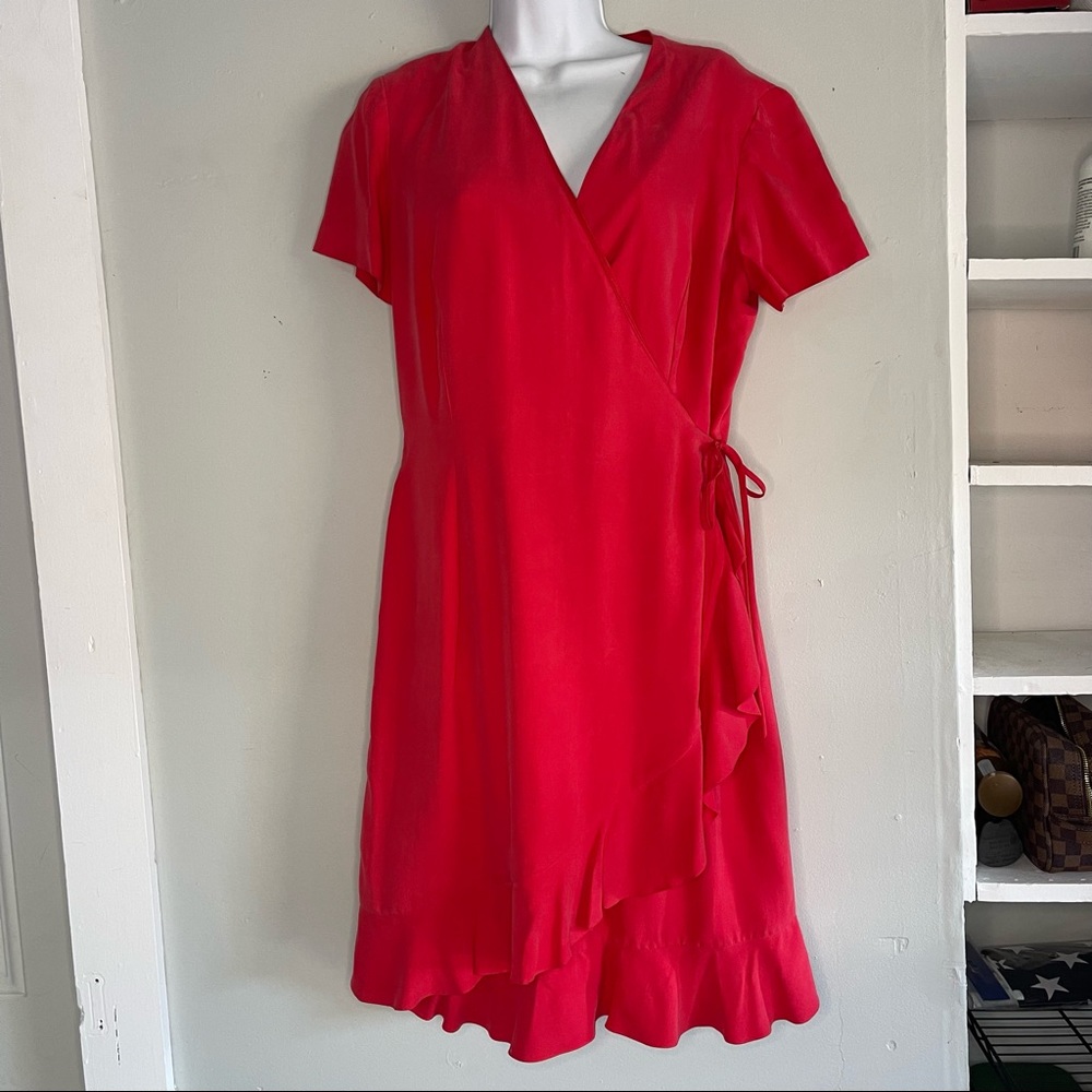 Coldwater Creek Summer Wrap V Neck Ruffle Short Sleeve Mini Dress.